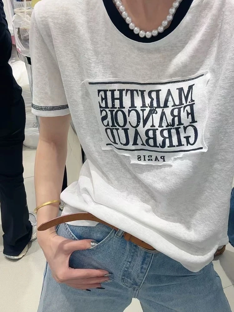 2025韩系字母潮牌麻感棉撞色圆领短袖T运动夏季时尚宽松女装25228