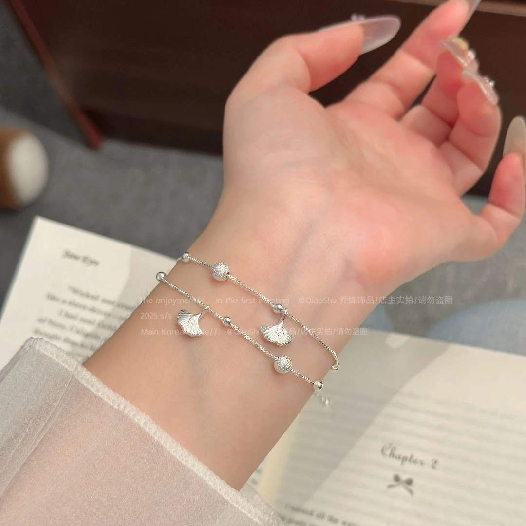 铜合金手链 B155 双层叠戴银杏叶手链V小众精致时尚学生闺蜜手饰~