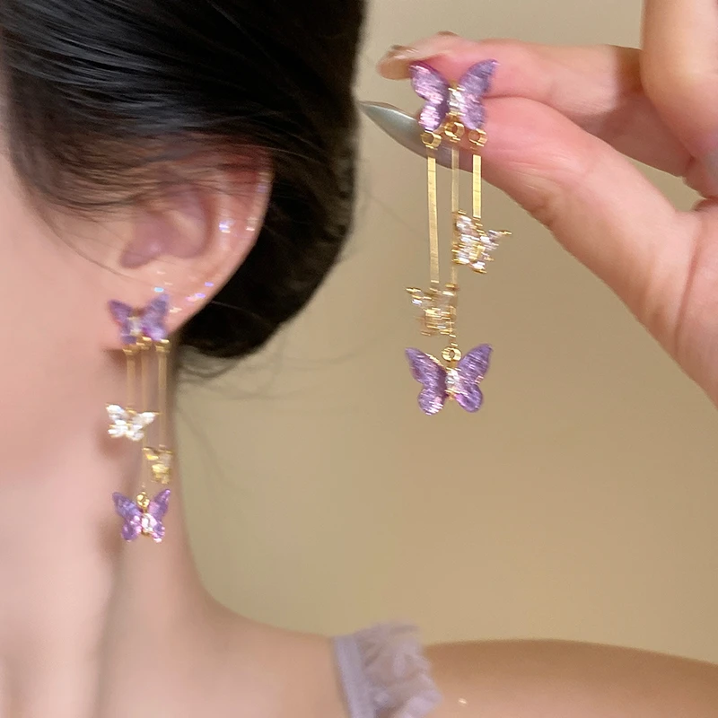 合金锆石耳饰 很有韵味~紫色蝴蝶流苏耳环925银针仙气轻奢长款女