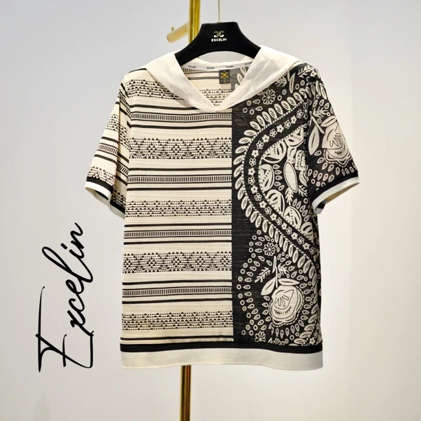 【浅米草民族鎏金提花冰丝帽衫短袖】夏季新款洋气高档显瘦女士T恤