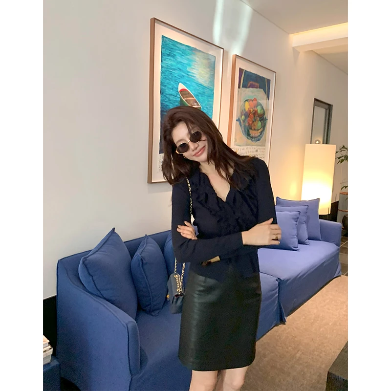 【ALONE SAVOR】龍喜儿杏语微澜 秋冬优雅气质荷叶边针织衫C202