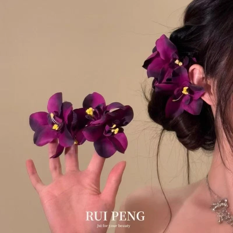 新中式红色仿真花朵发夹美人纯欲鸭嘴夹女氛围感侧边刘海夹子头饰