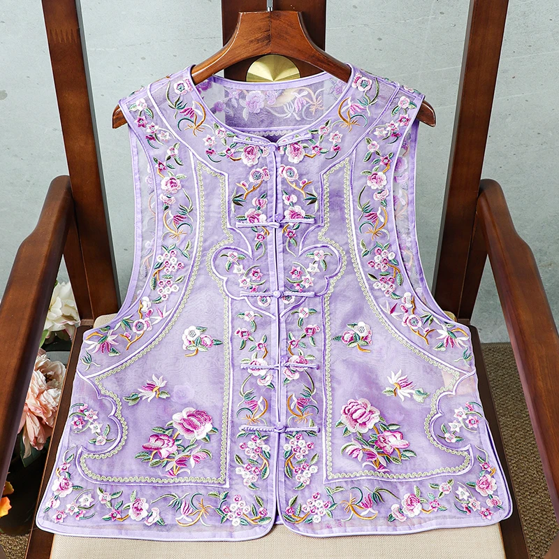 新中式刺绣双层真丝欧根纱马甲