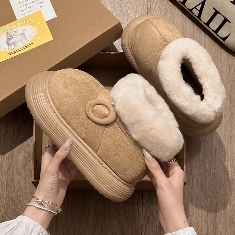 2025秋冬新款厚底增高加绒保暖防滑棉鞋女外穿一脚蹬毛毛雪地靴鞋