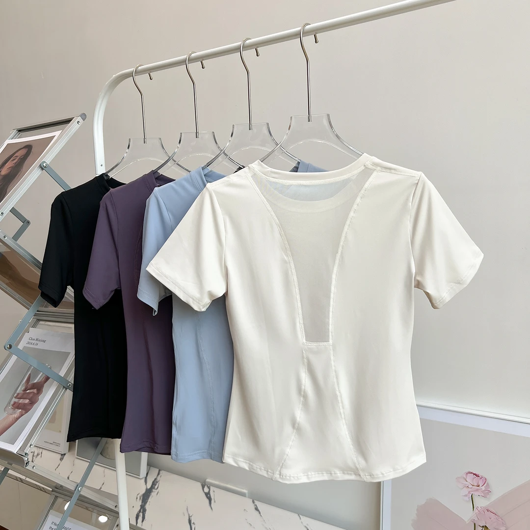 夏季速干运动短袖跑步T恤女修身瑜伽服上衣专业普拉提训练健身服