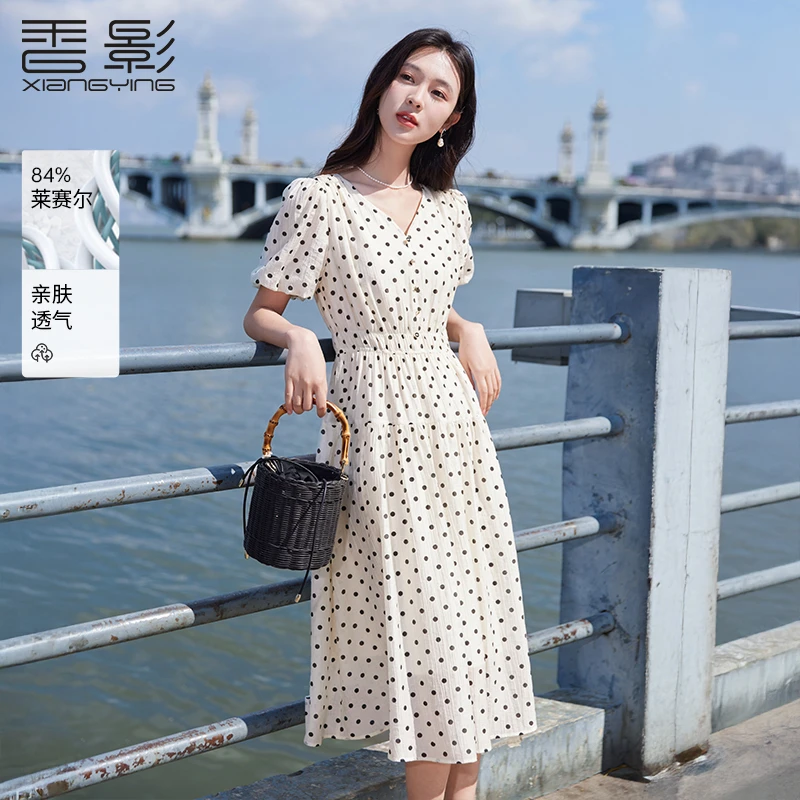 [丽公主]L85S155连衣裙 香影法式波点v领连衣裙女夏装新款泡