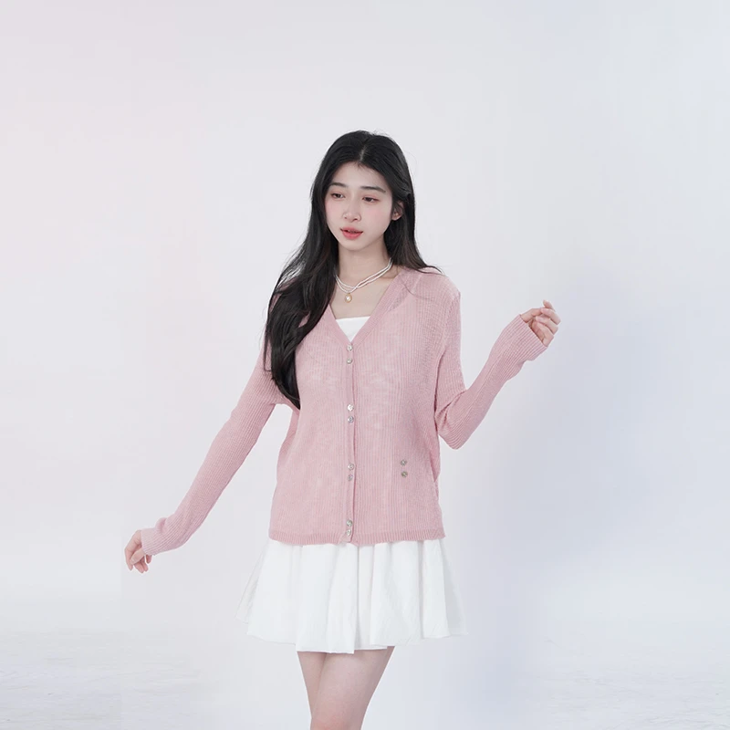 三福 夏季法式薄款设计款V领空调衫雾面轻糯休闲开衫501025