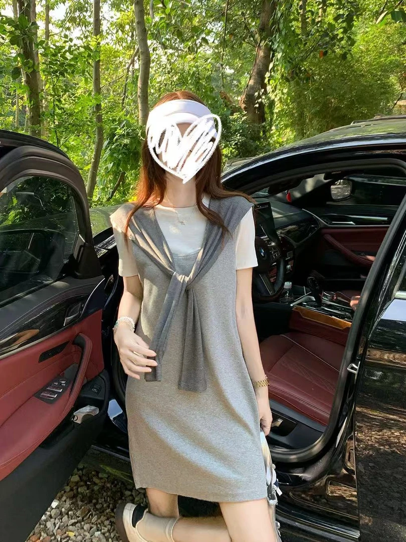 假三件撞色短袖拼接披肩长短版胖MM夏季宽松显瘦连衣裙