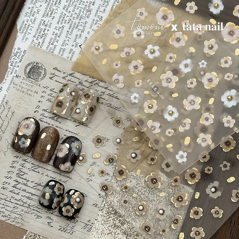 复古黑金爆款不规则晕染小花浮雕美甲贴纸镶钻烫金ins甜酷花背胶