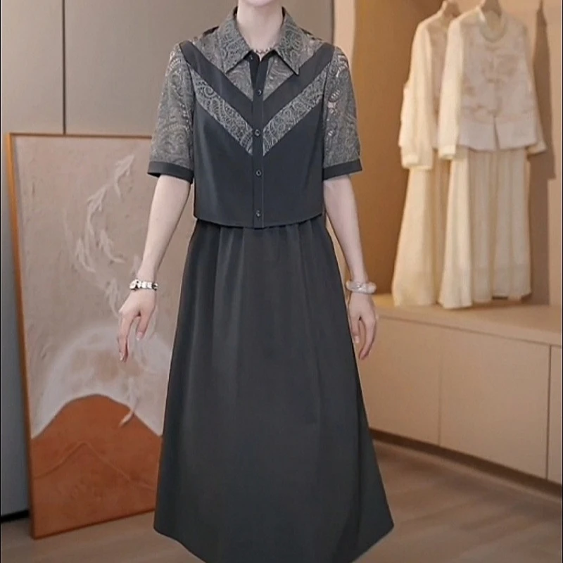 2025夏季新款时尚优雅高端精致拼接修身显瘦减龄假两件短袖连衣裙