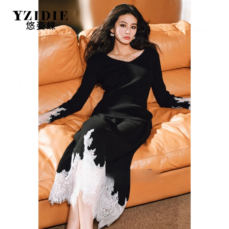 YZIDIE定纺48支超细美利奴不规则睫毛蕾丝南法针织套装保暖