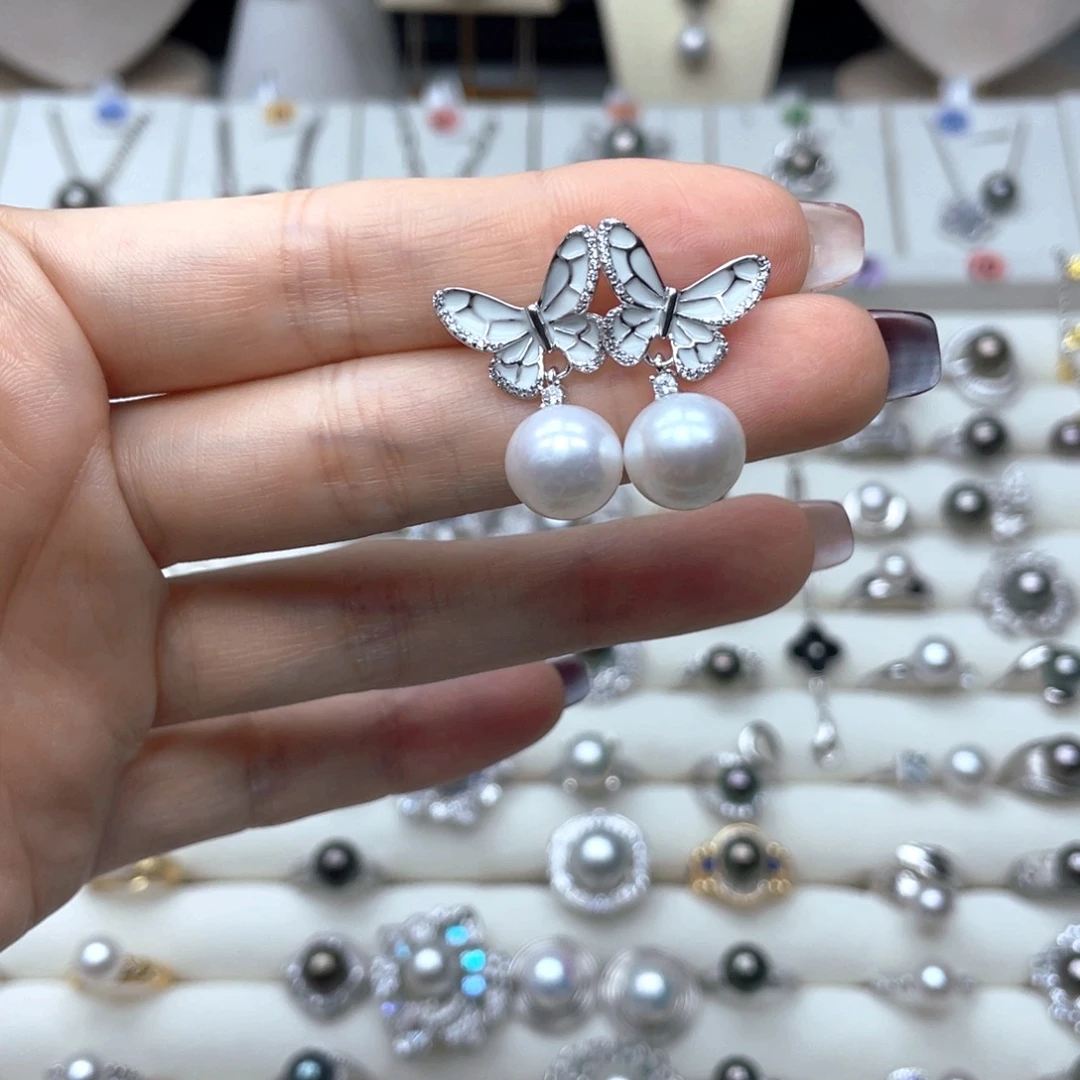 银S925镶嵌淡水珍珠耳饰10-11mm