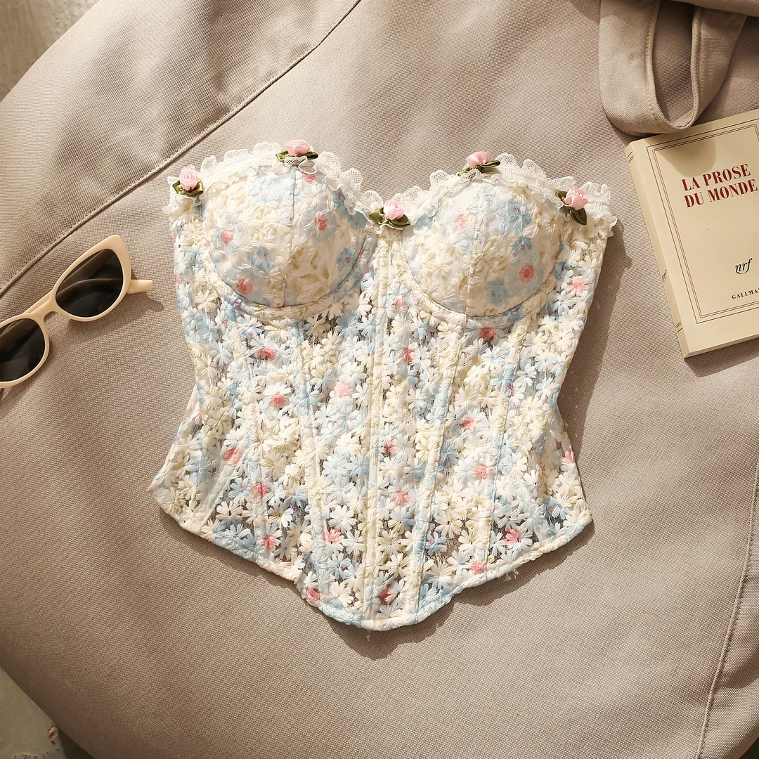 甜美纯欲立体花朵刺绣鱼骨抹胸吊带背心女带胸垫修身美背绑带上衣