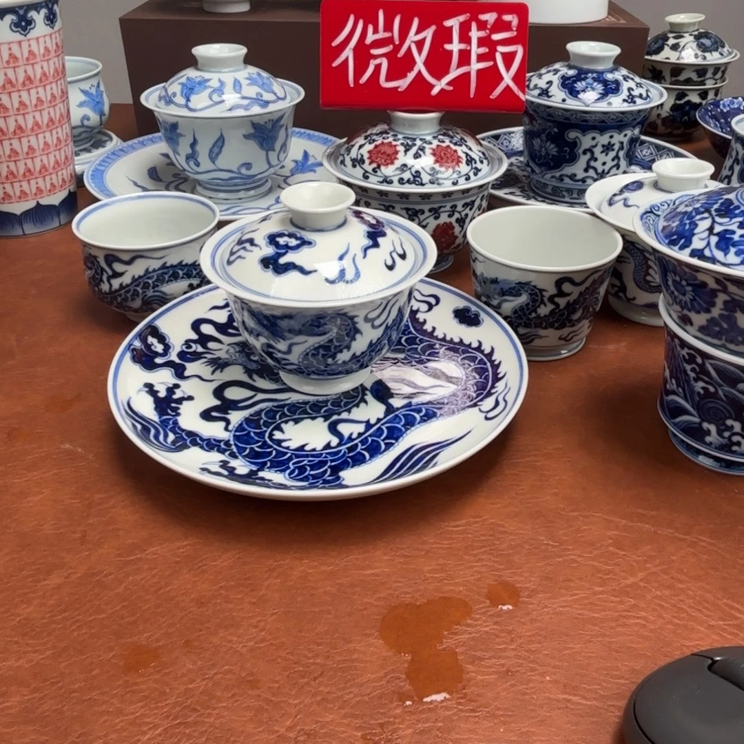 旭***啊陶摆件微瑕手绘仿元龙纹四件套送一个垫子