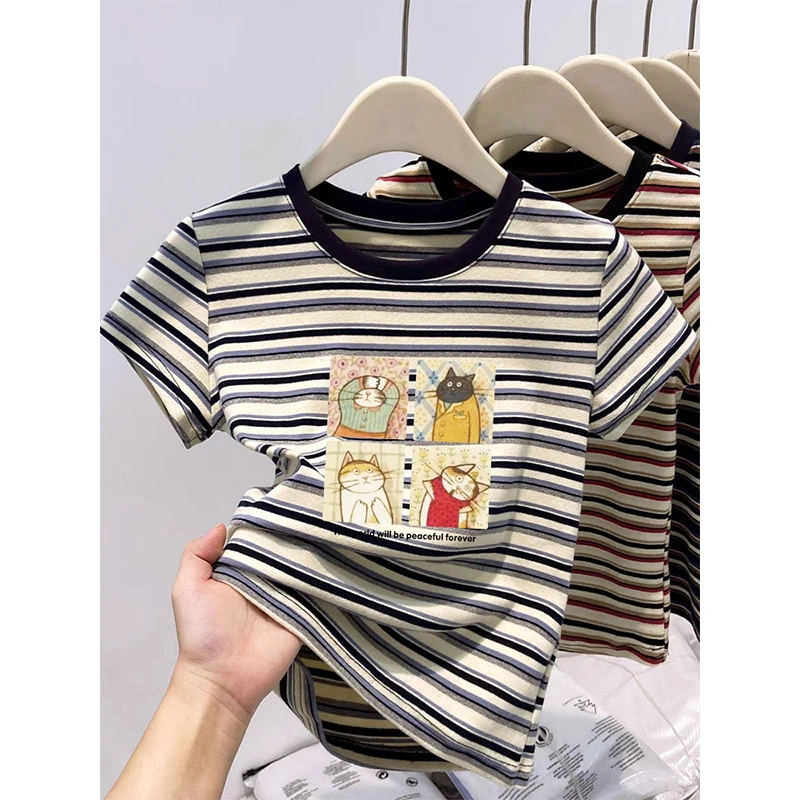 领口拼色正肩圆领条纹t恤女短袖时尚百搭洋气减龄上衣2025夏季潮