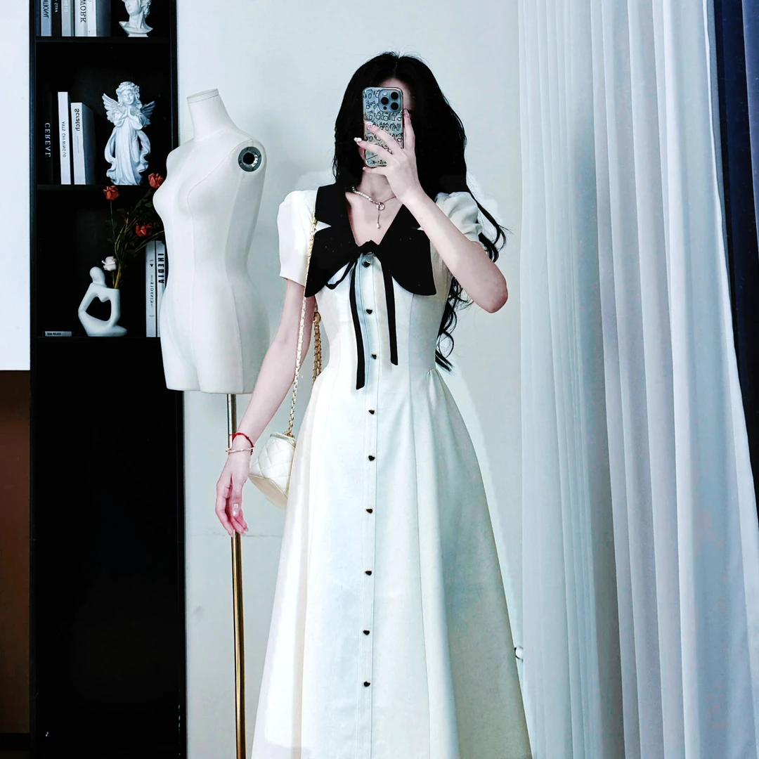 年终请沧【素蝶絮语】2025夏法式气质显瘦赫本短袖连衣裙 10498 QC