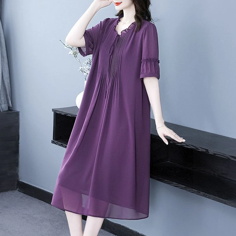 木棉林大码新款阔太太简约V领显瘦裙子宽松遮肚裙250889