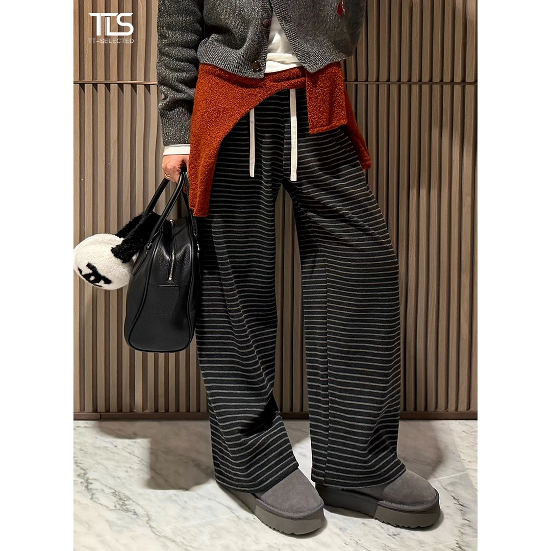 TT【发热裤】重磅高克重慵懒加厚保暖条纹松紧腰阔腿休闲裤子CK5134