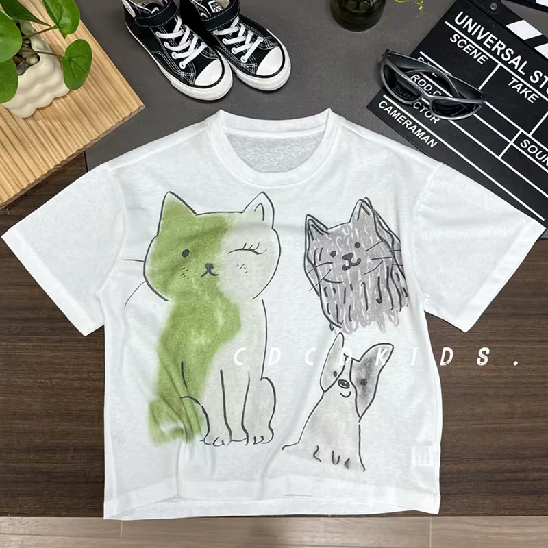 儿童纯棉短袖t恤夏季新款潮流百搭卡通猫咪男女童中大童夏款上衣