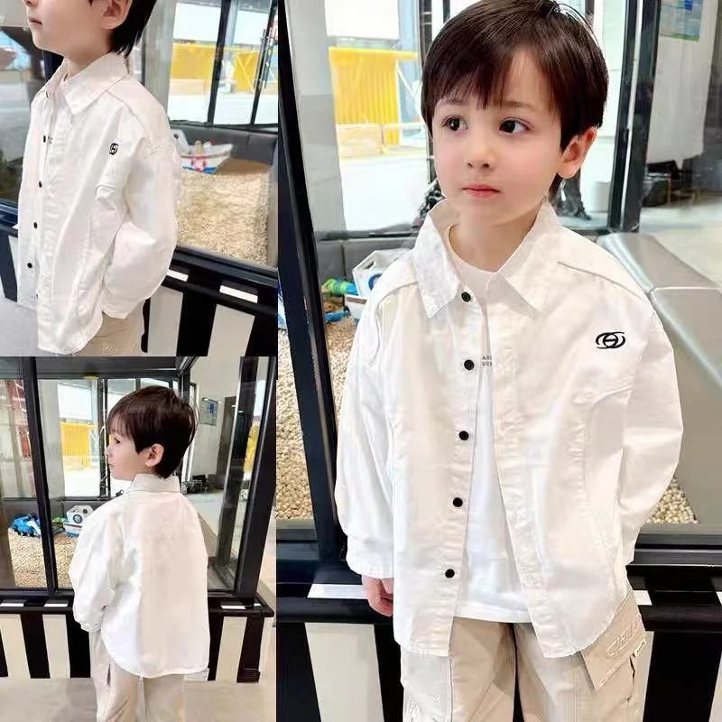 男童长袖衬衫2025春秋新款百搭韩版宽松高级精致刺绣百搭白色衬衣