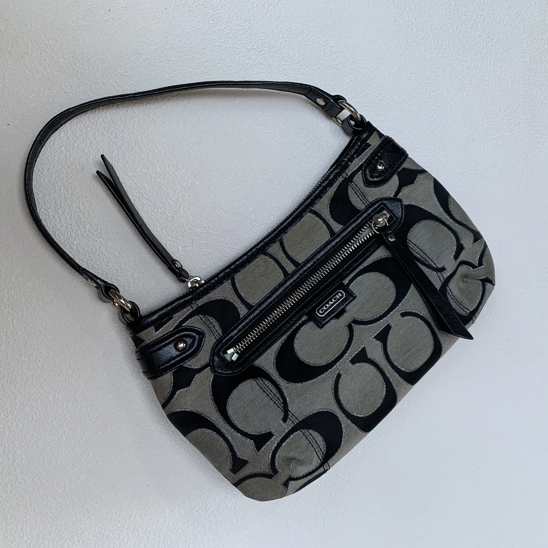 95新 COACH/蔻驰 经典时尚休闲中古黑色复古老花帆布单肩腋下包