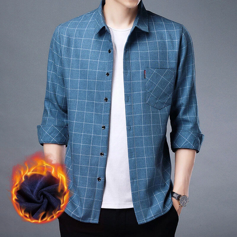 翻领长袖衬衫中年男休闲纯色格子寸衣商务时尚中青年男士加厚衬衣