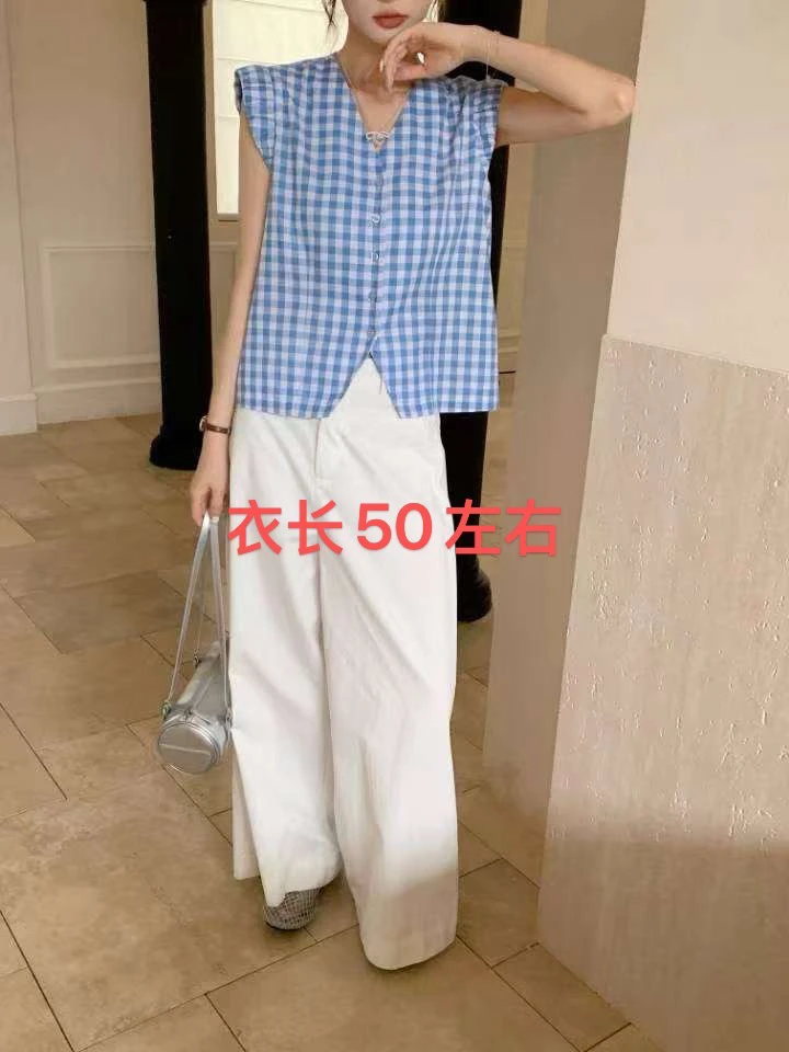 ｅ尚2853格子无袖衬衫夏季新款休闲短款上衣