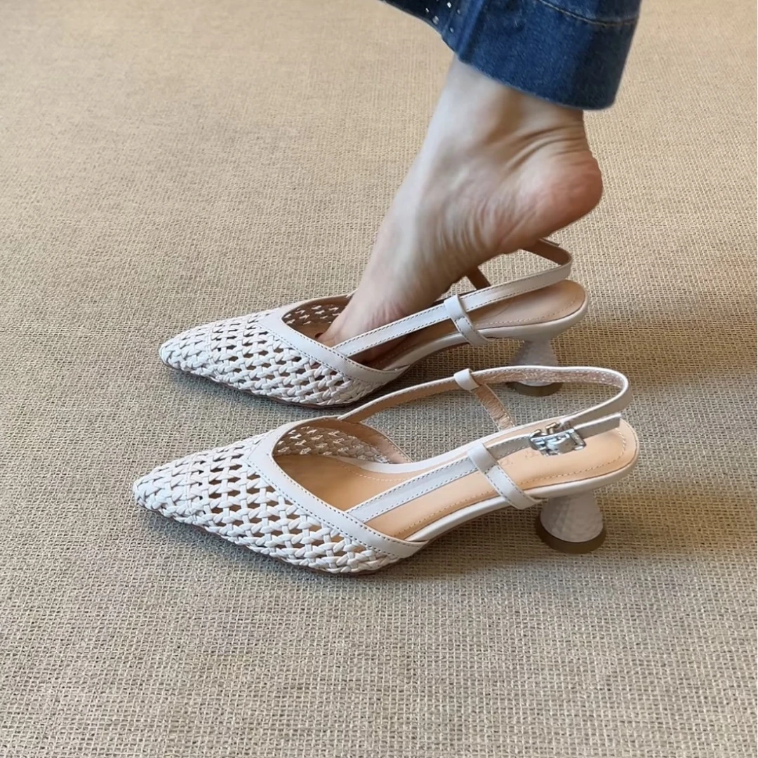 羊皮版~法式尖头高跟凉鞋女百搭2025新款配裙子气质复古爆款单鞋