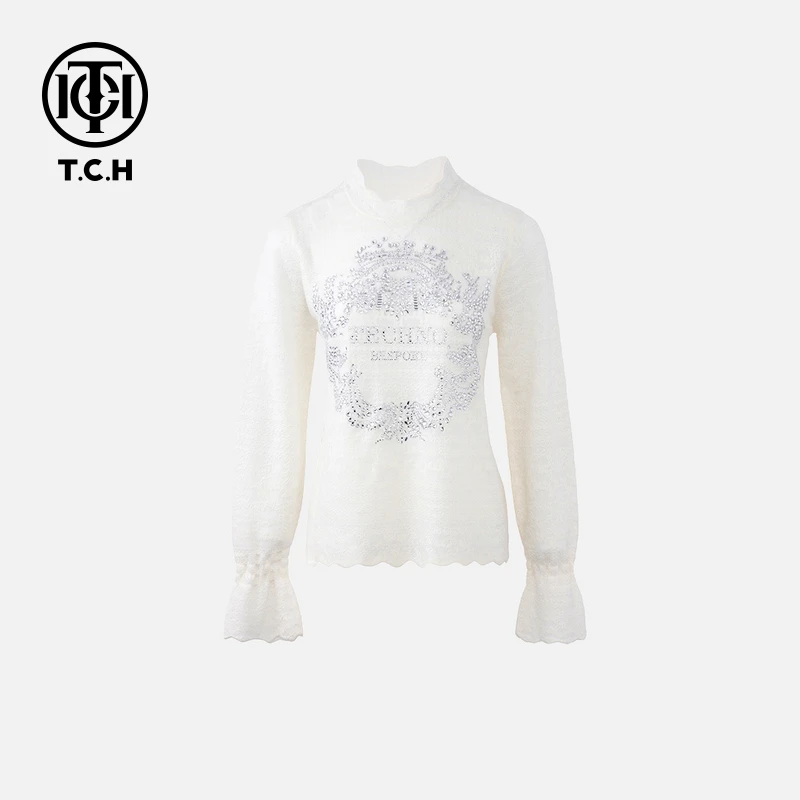 TCH私服烫钻工艺休闲百搭圆领白色针织衫女士T72C02E5007轻奢tch