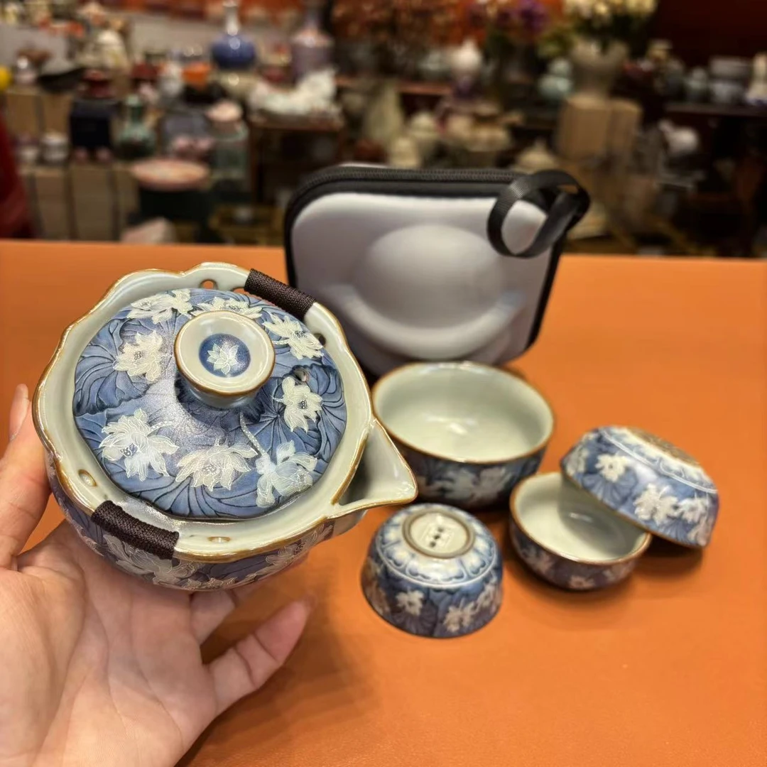 博艺茶具 蓝彩荷花宝瓶壶配4杯旅行快客-021