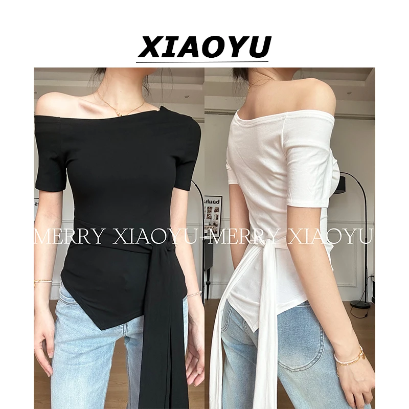 小鱼【贩卖心动】辣妹小众设计感斜肩绑带不规则短袖上衣显瘦T恤