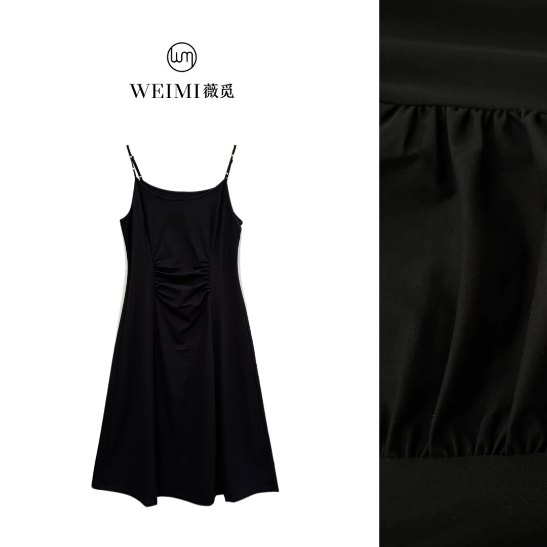 【035连衣裙】薇觅女装极简风褶皱收腰吊带漆黑连衣裙小众松弛慵懒
