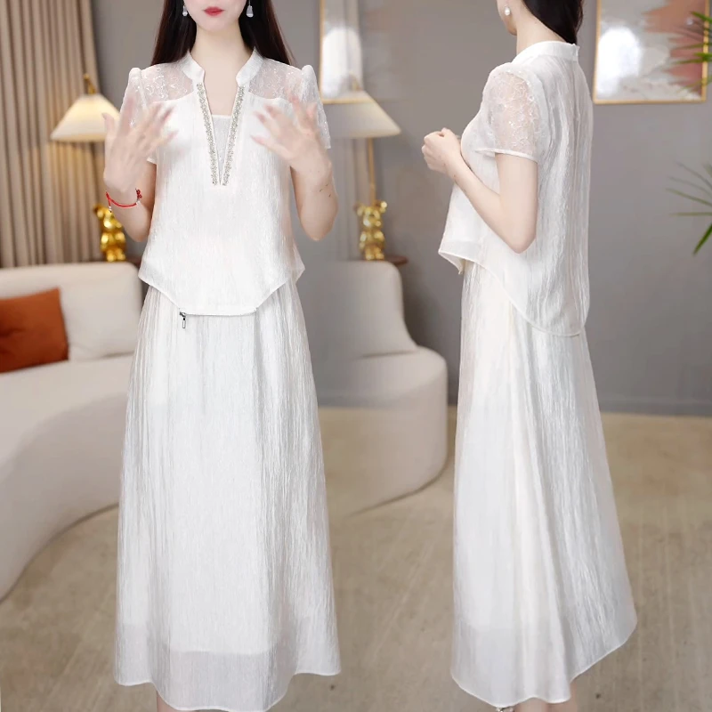 2025年夏季新款气质显瘦设计感蕾丝拼接上衣半身裙休闲两件套装女