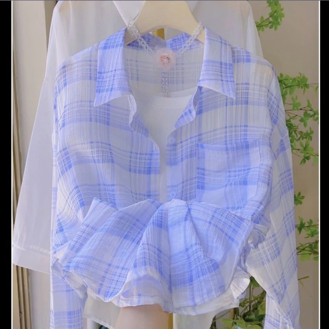 防晒衣女夏季2025新款宽松格子衬衫上衣薄款透气开衫Polo领外套女