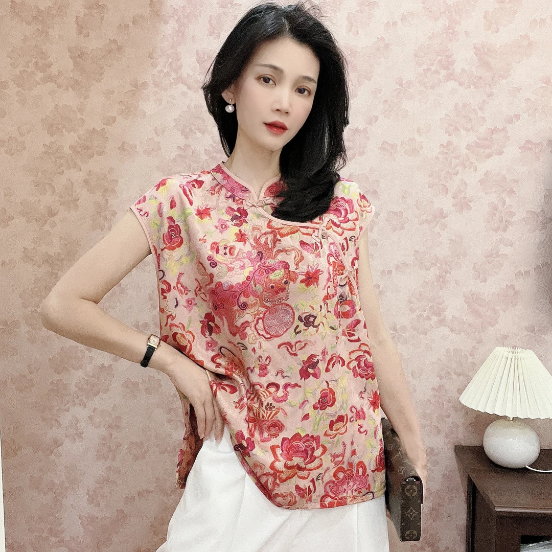 国风图腾提花金扣短袖圆领人丝上衣时尚百搭