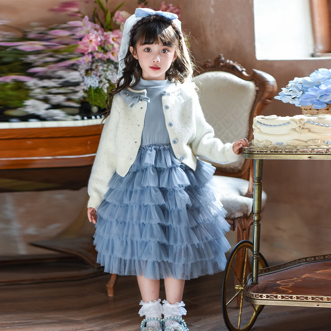 女童公主裙秋装2025新款洋气儿童针织开衫连衣裙女孩小香风两件套