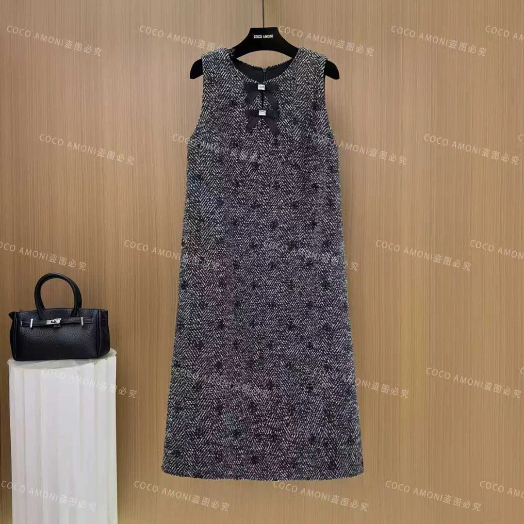 [曼姐]秋冬高级感女装拼接蝴蝶结收腰显瘦气质连衣裙WXH1005
