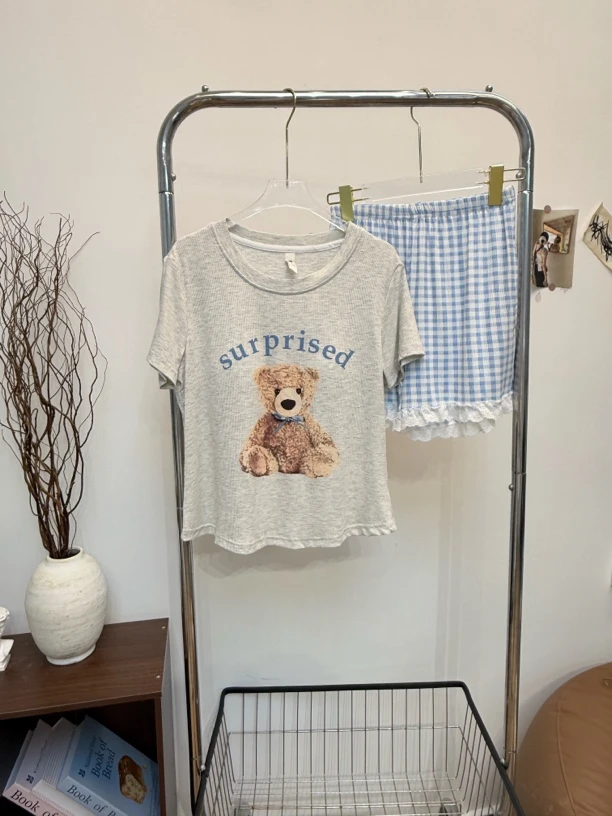 可爱字母小熊睡衣女款2025新款春夏短袖休闲家居服套装