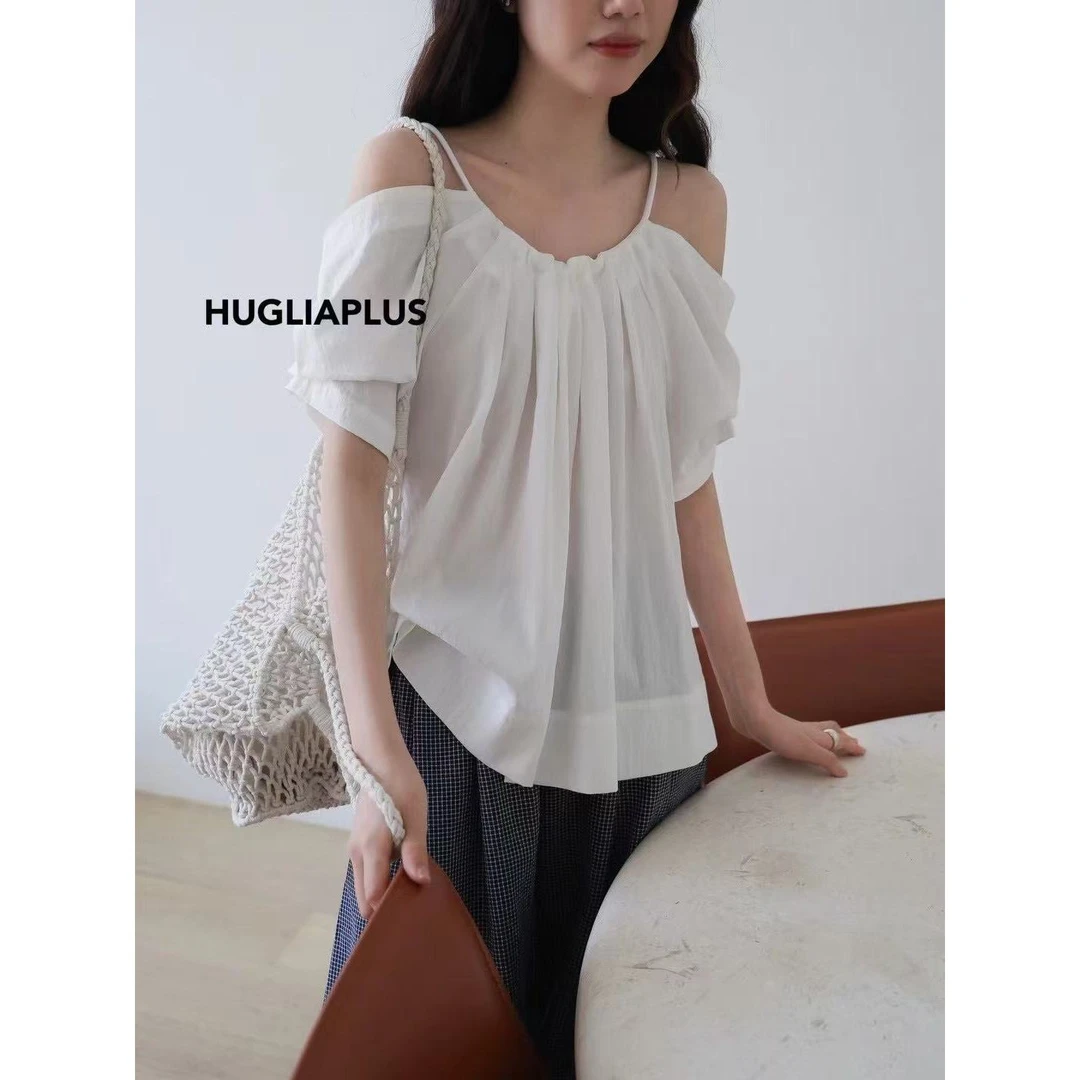 N6342#韩系设计感露肩减龄遮肉小衫洋气衣服女纯欲慵懒风女装