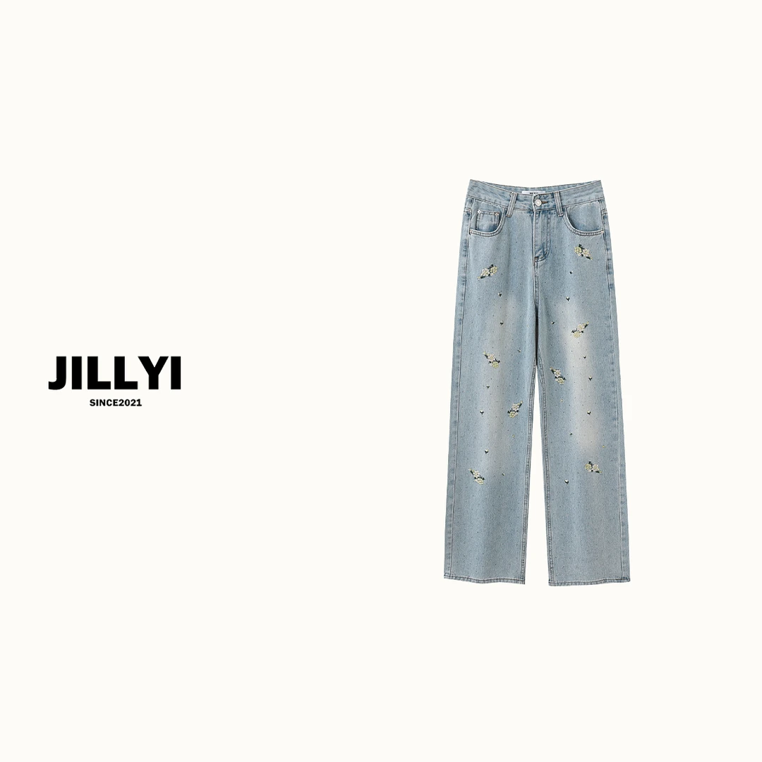 JILLYI珠海店【法式碎花】小黄花朵刺绣牛仔裤蓝色百搭水洗宽松显瘦