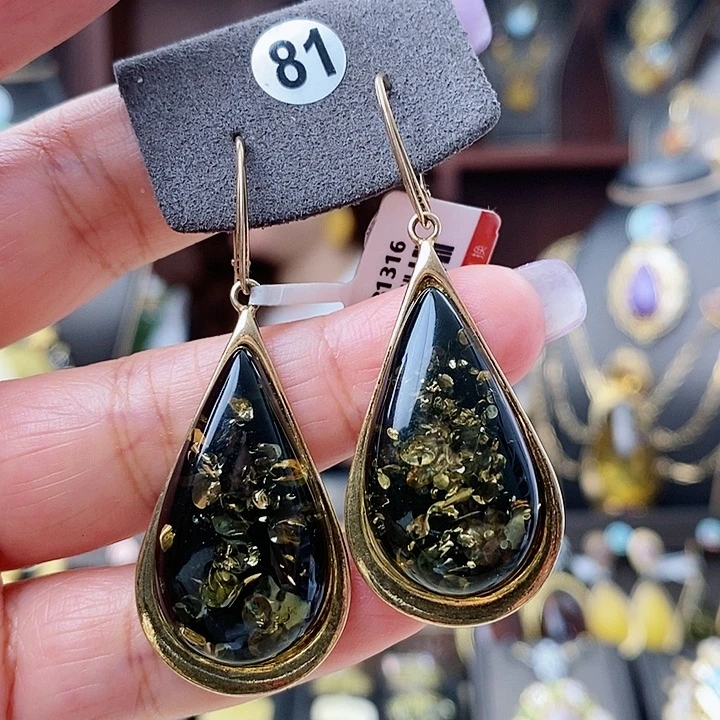 琥珀耳饰银S925镶嵌耳环