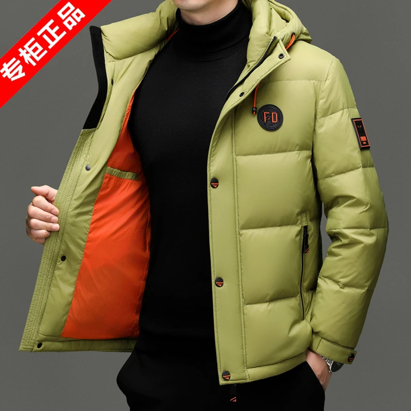 意大利正品冬季新款男士保暖羽绒服时尚潮流中青年连帽白鸭绒外套