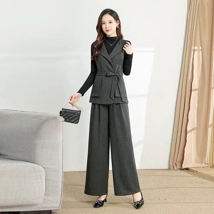 (L613)商场同款时尚三件套裤修身阔腿裤2025春季新款气质女套装