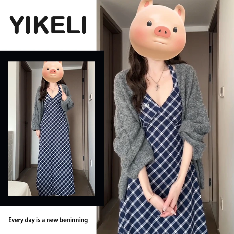 韩系慵懒风蓝色格纹连衣裙子2025早春季新款女装针织外套长裙套装