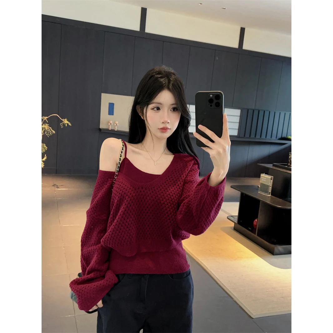 酒红薄纱镂空针织罩衫女早秋美拉德毛衣漂亮巨好看上衣吊带两件套