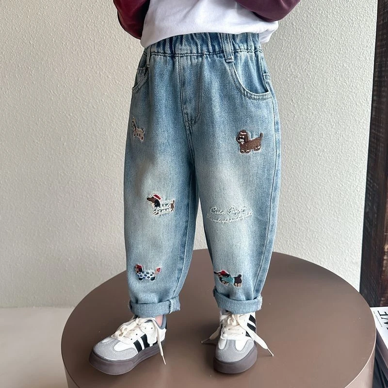 儿童裤子牛仔裤春秋季2025洋气新款宝宝女童宽松长裤刺绣超软长裤