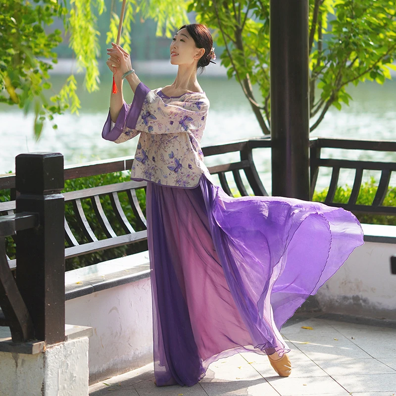 善然堂春夏新款汉唐古典舞蹈服飘逸女紫色裤裙