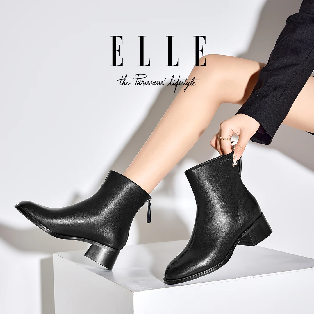 ELLE真皮软底妈妈鞋短靴2025冬季新款粗高跟皮鞋中老年百搭女靴子