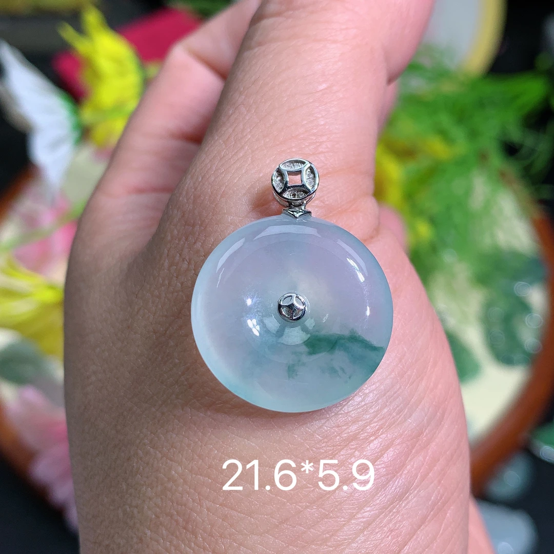 缅甸翡翠A货冰种飘花平安扣满吊坠挂件水润百搭百搭气质精美水润