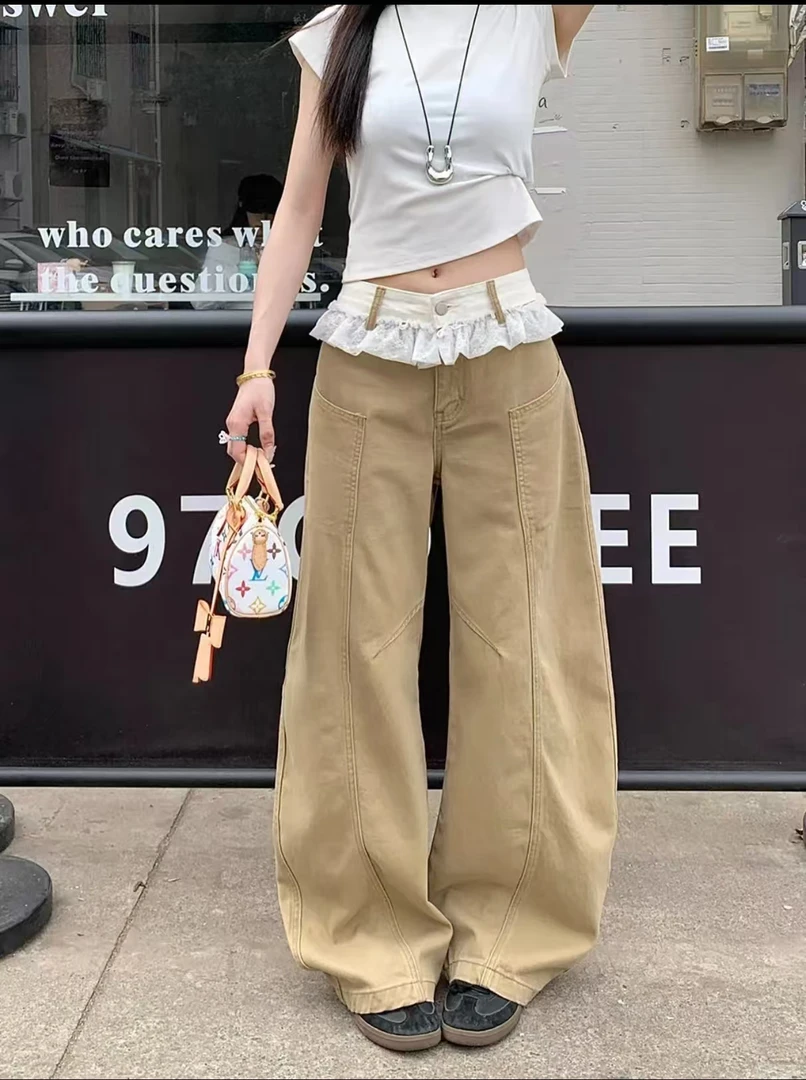 现货 卡其牛仔裤春季新款高腰阔腿弯刀裤22521